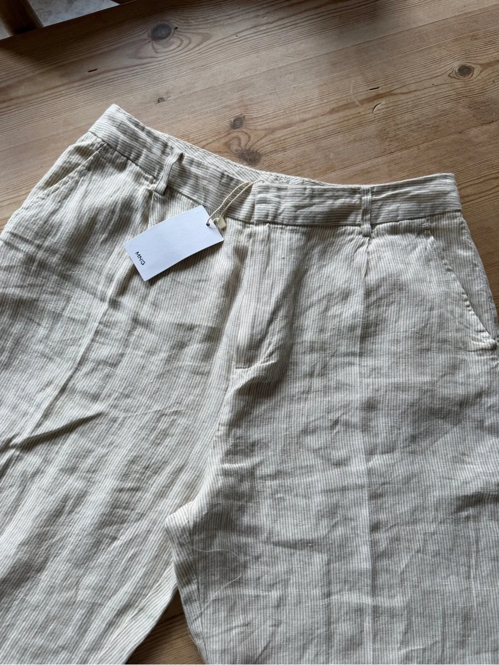 Mango linen tan and cream striped pants